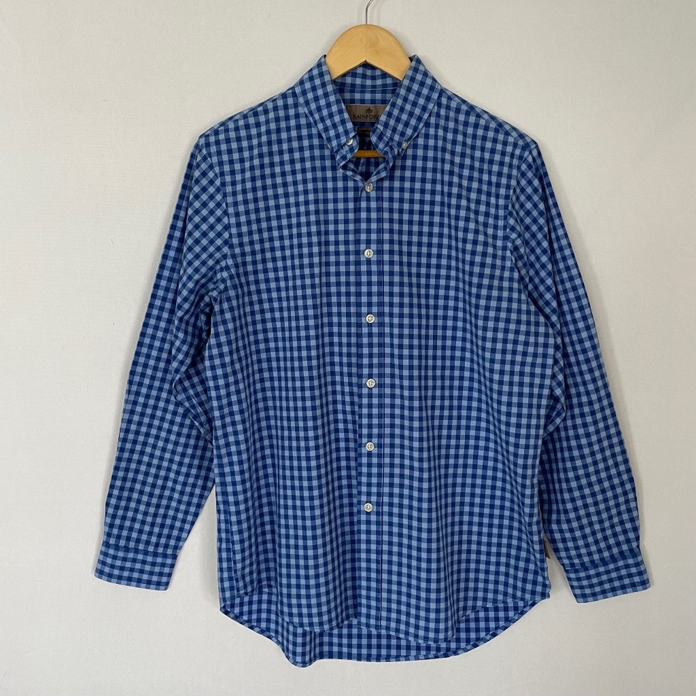 Rainforest Mens Medium Modern Classic Fit Blue Check Button Down Shirt